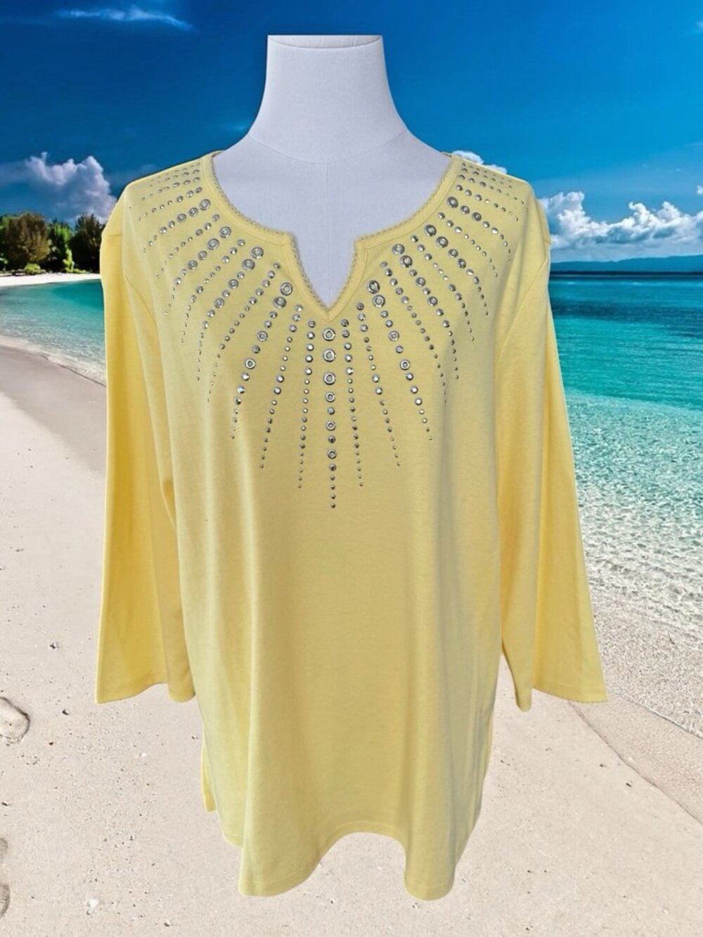 Alfred Dunner 3/4 Sleeve Notched V-Neck Yellow Embellished Neckline Top-Size XL